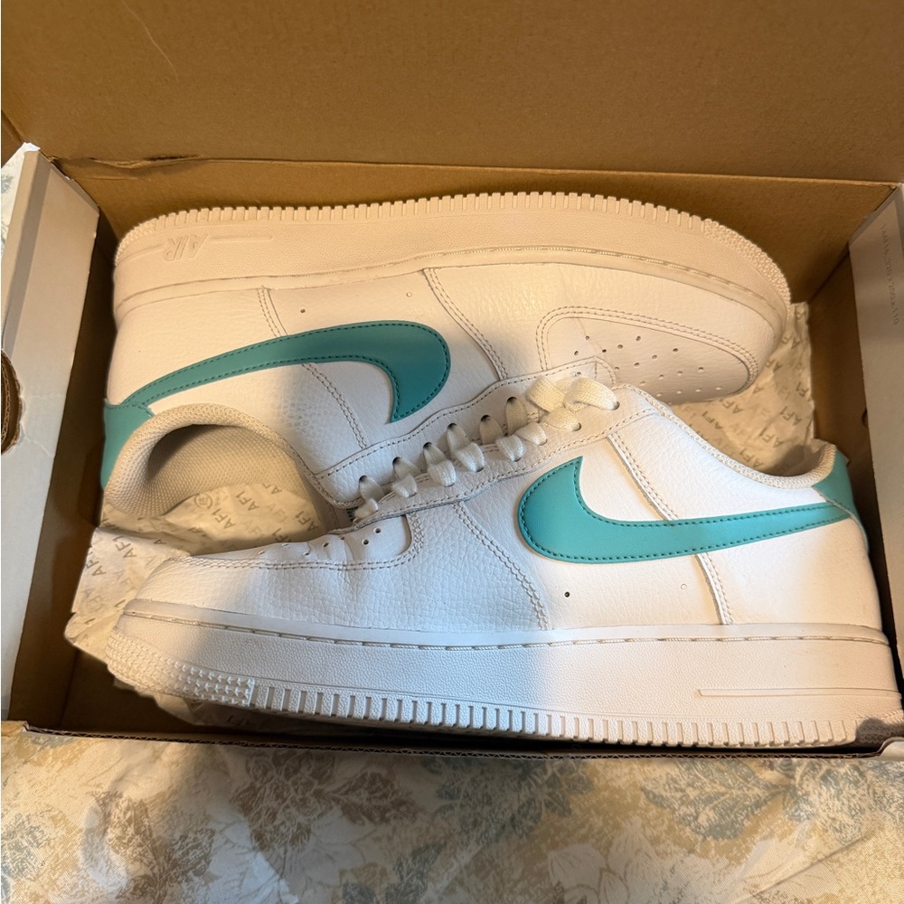 Nike Air Force 1 White and Teal Sneakers